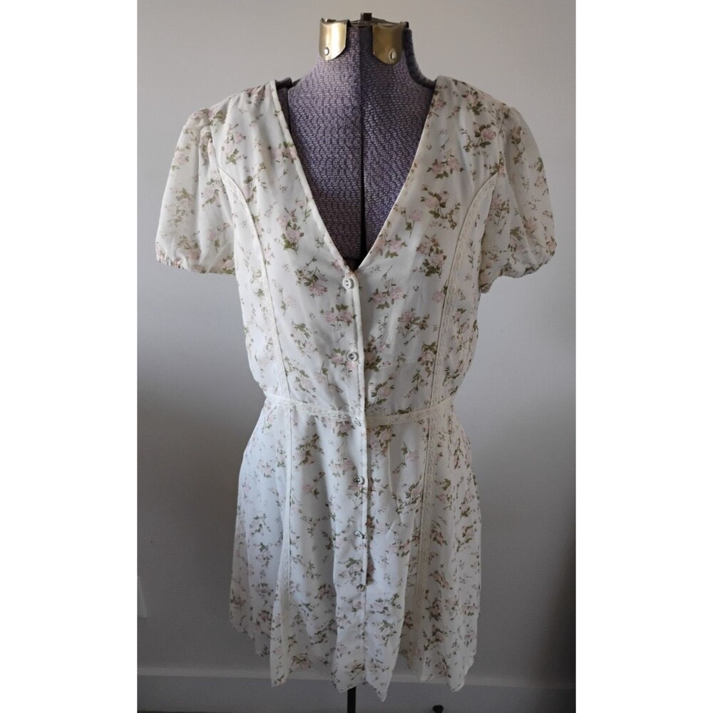 Sugar Lips White Pink Floral Mini Dress Women's M Romantic Boho Cottagecore EUC